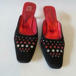 DONALD J. PLINER COUTURE BLACK VELVET RED EMBELLISHED MULES SIZE 8m